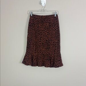 Leopard Print Ruffle Hem Skirt Small Lined Zippered Closure Midi